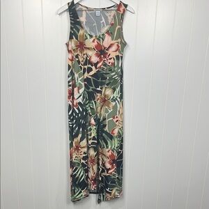 Cocobleu Womens Midi Dress S Black Green Pink Topical Floral Hi-Lo Pullover EUC